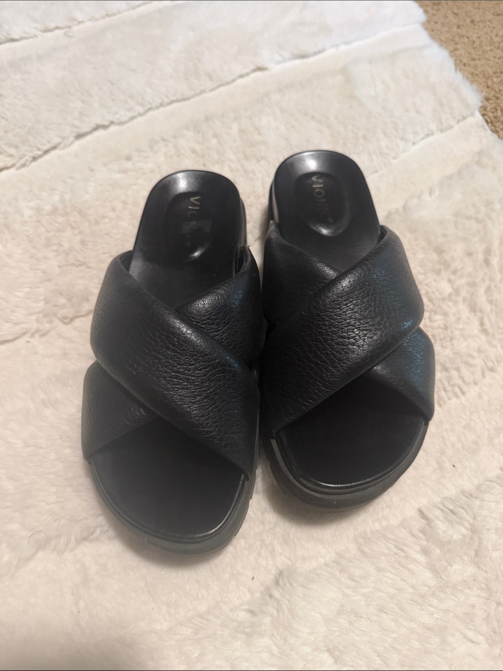 Vionic Black Leather Wedge Slide Sandals